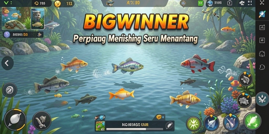 Screenshot gameplay BIGWINNER menunjukkan aksi memancing yang mendebarkan.