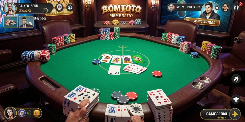 Screenshot utama menampilkan gameplay poker yang menegangkan.