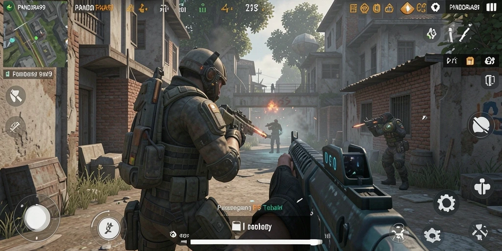 Tampilan gameplay seru dalam PANDORA99 dengan pertempuran tembak-menembak.